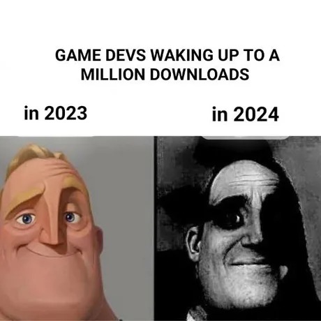 Game devs waking up to a million downloads - meme