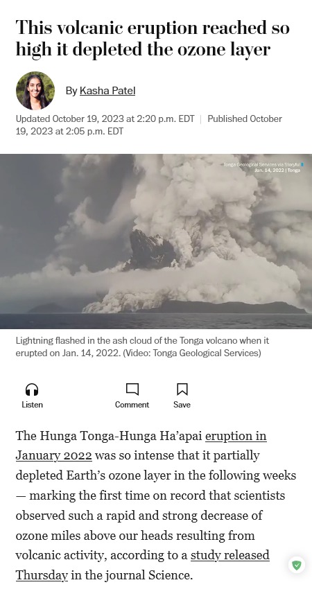 TIL The 2022 eruption of the Hunga-Tonga Hunga-Haapai was so powerful that the volcano blasted a hole in the Earth's ozone layer - meme