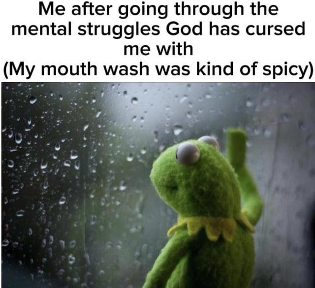 Me processing life while my mouthwash burns my soul - meme