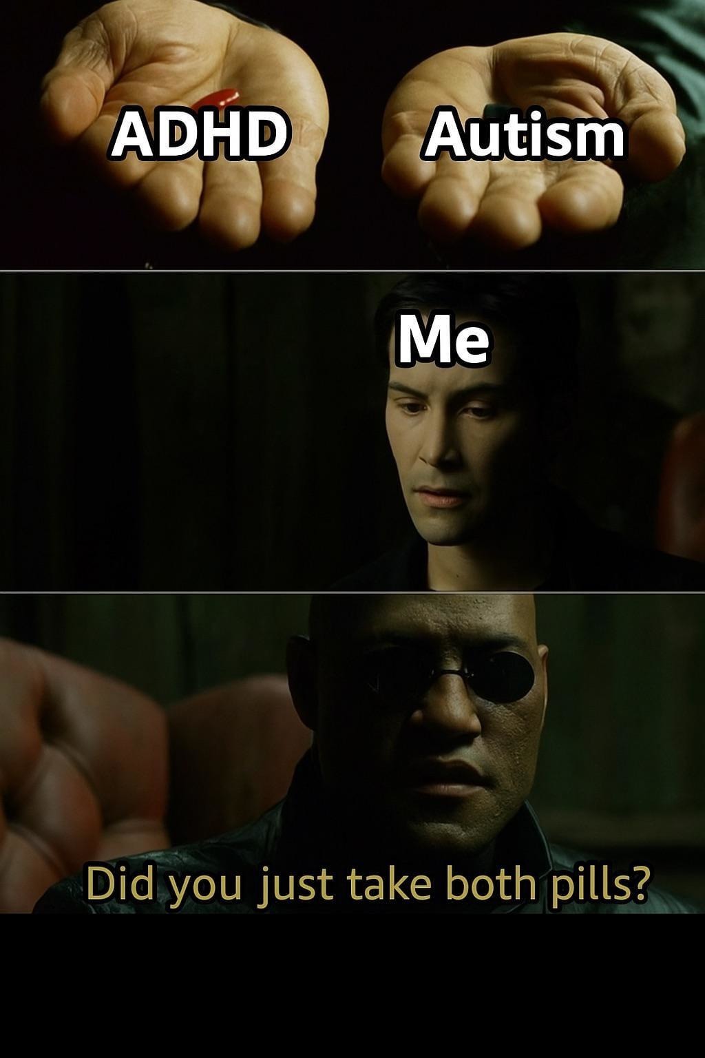 Did you just take both the ADHD and Autism pills? - meme