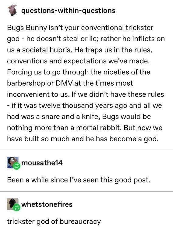 Bugs Bunny is the trickster god of bureaucracy - meme