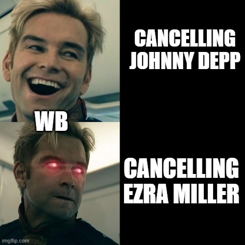 Warner cancelling Ezra Miller - meme