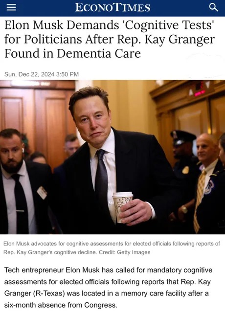 Elon Musk demands cognitive test for politicians after Kay Granger found in dementia care - meme