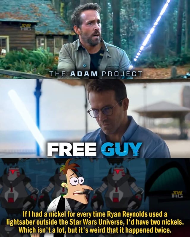 Ryan Reynolds using lighsabers outside the SW universe - meme