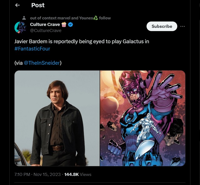 Javier Bardem as Galactus for the Fantastic Four movie? - meme