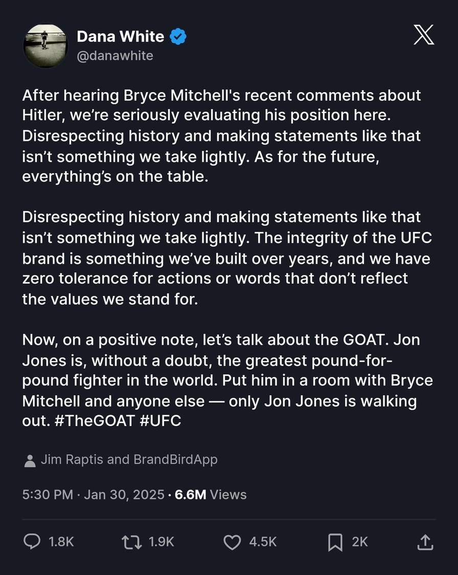 Dana White statement about Bryce Michell comments on Hitler - meme