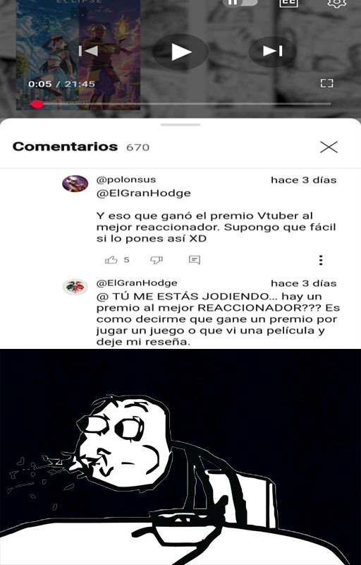 Eso me tomo por sorpresa, digo, nunca pensé ver un premio a mejor reaccionador, aunque pensándolo de nuevo, el récor de ver mas series si es que existe, podría ser considerado como el premio de reaccionando. - meme