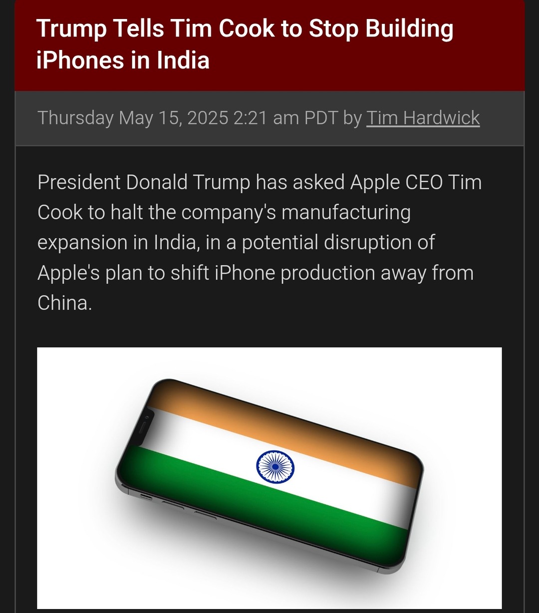 trump to tim cook: stop building iPhones in India bro - meme