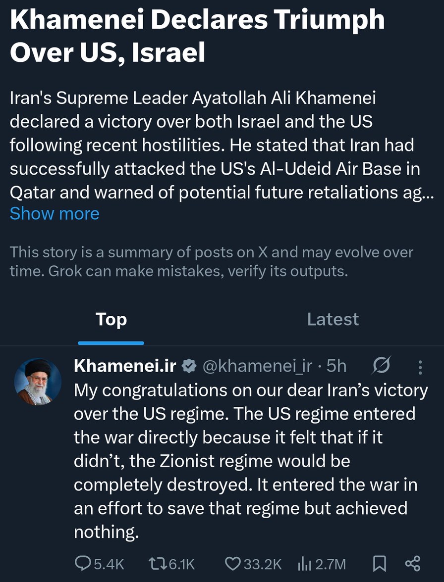 Khamenei claims victory over US & Israel amid tensions - meme