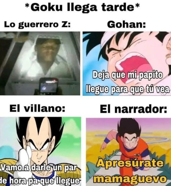 Goku llegando tarde como siempre mientras todos se mueren - meme