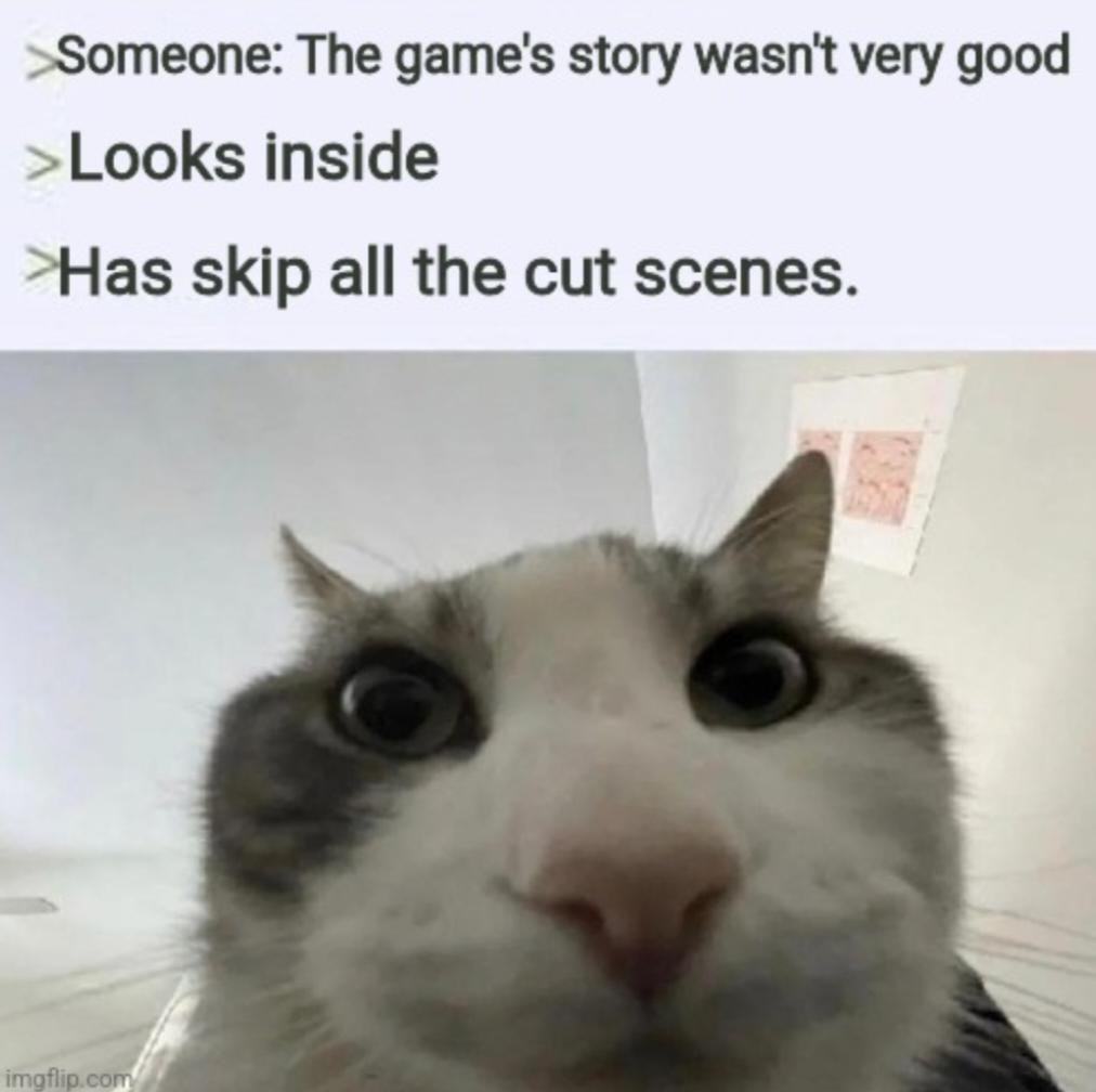 story bad? nah bro i watched every cutscene and cried - meme