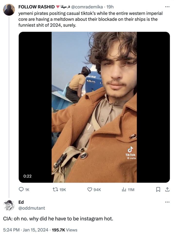 Yemeni pirates posting tiktoks - meme
