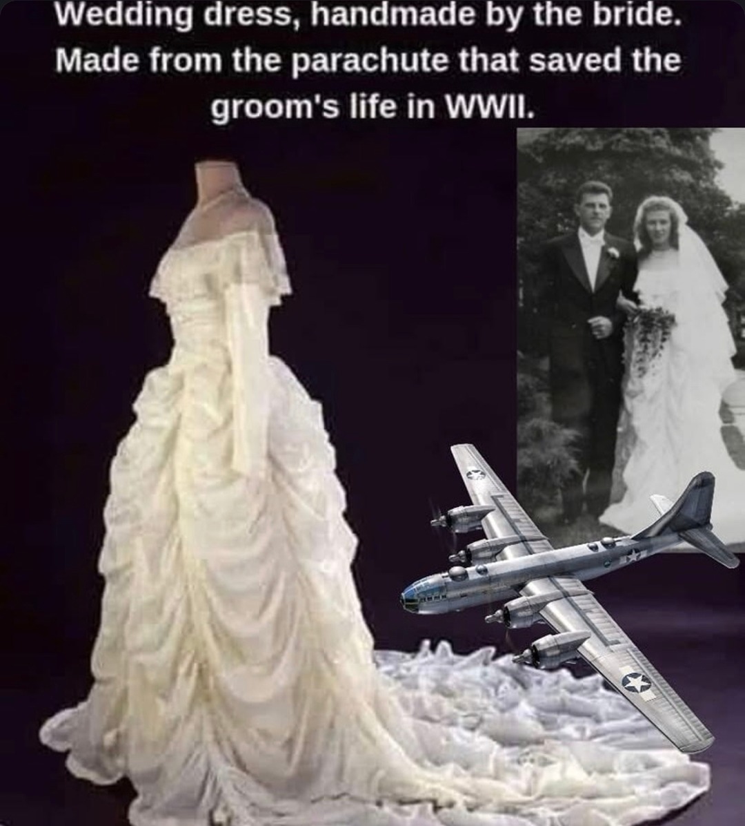 She wore the parachute that saved his life down the aisle - meme