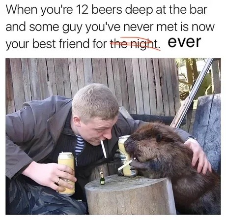 12 beers in, instant bar besties for the night - meme
