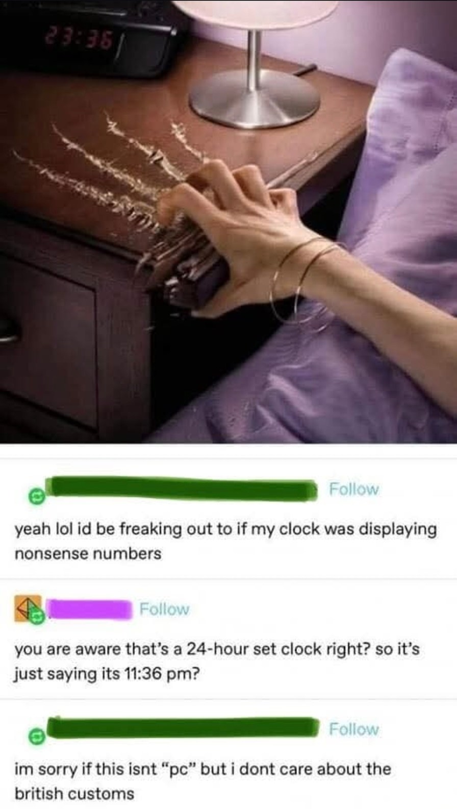 Guy beefing with the 24-hour clock like it's personal - meme